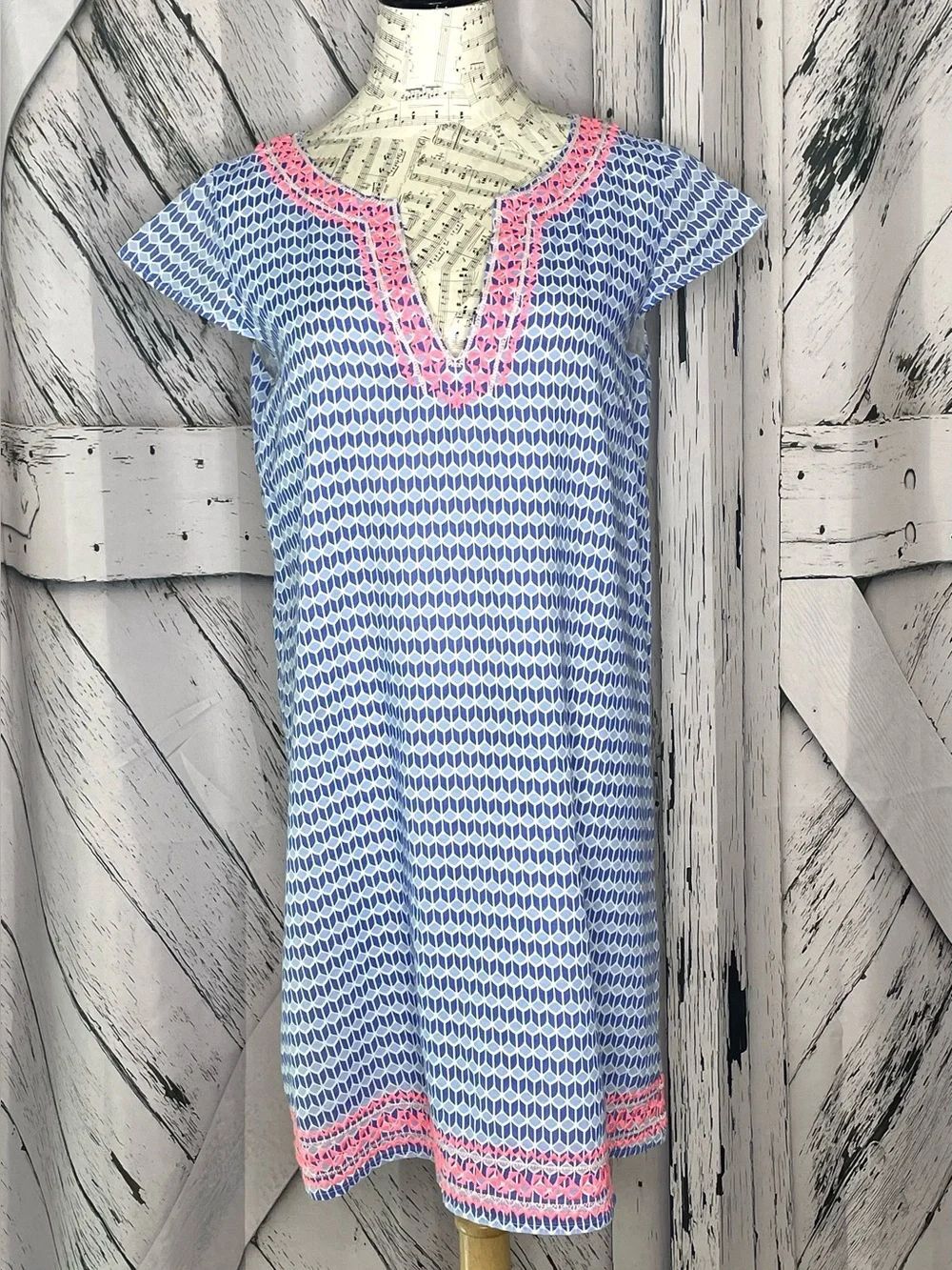 Tori Richard Blue & White Geometric Print V Neck‎ Short Sleeve Dress Size 6